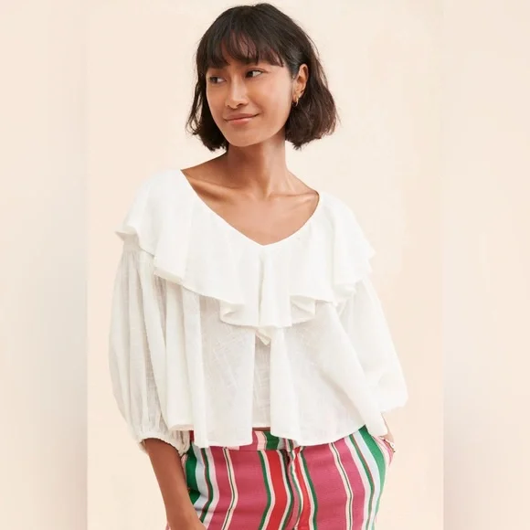 NWT Free People Zuri Blouse M White Ruffled Cropped New $68 retail - Picture 5 of 7